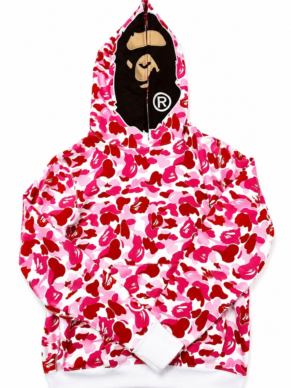 A BAPE Kids Pink & Red Camo Hoodie with Iconic Ape Face